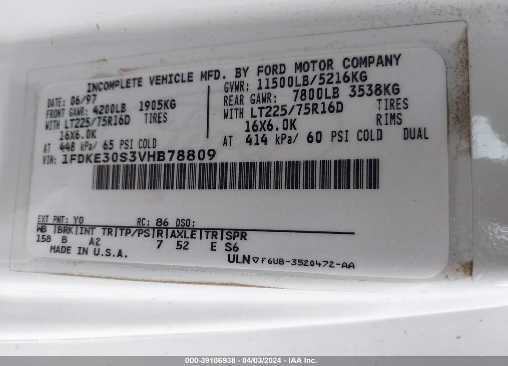 1997 FORD ECONOLINE E350 CUTAWAY VAN VIN: 1FDKE30S3VHB78809