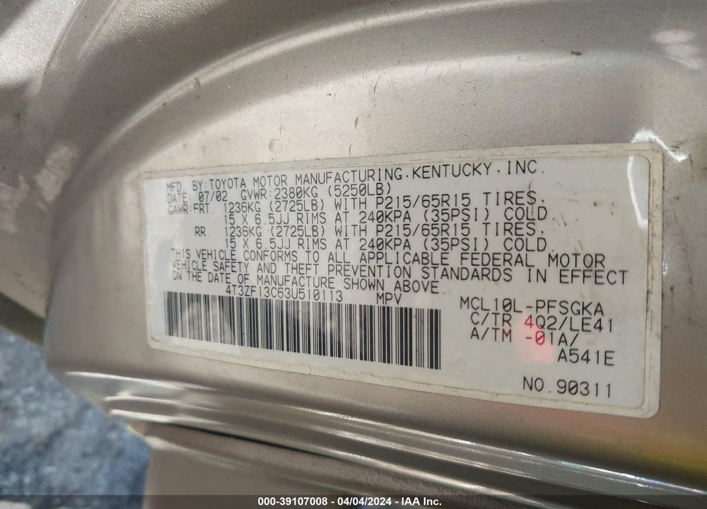 2003 TOYOTA SIENNA XLE VIN: 4T3ZF13C63U510113