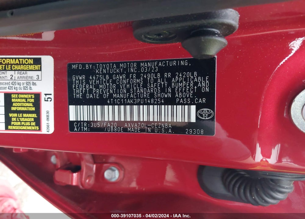 2023 TOYOTA CAMRY LE VIN: 4T1C11AK3PU148254