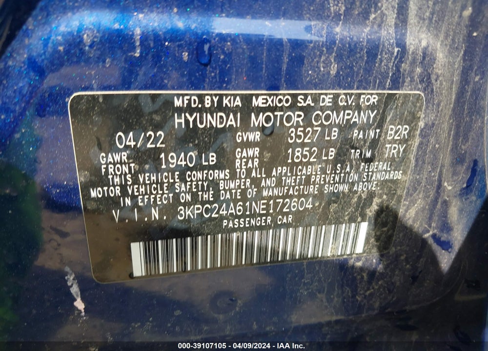 2022 HYUNDAI ACCENT SEL VIN: 3KPC24A61NE172604
