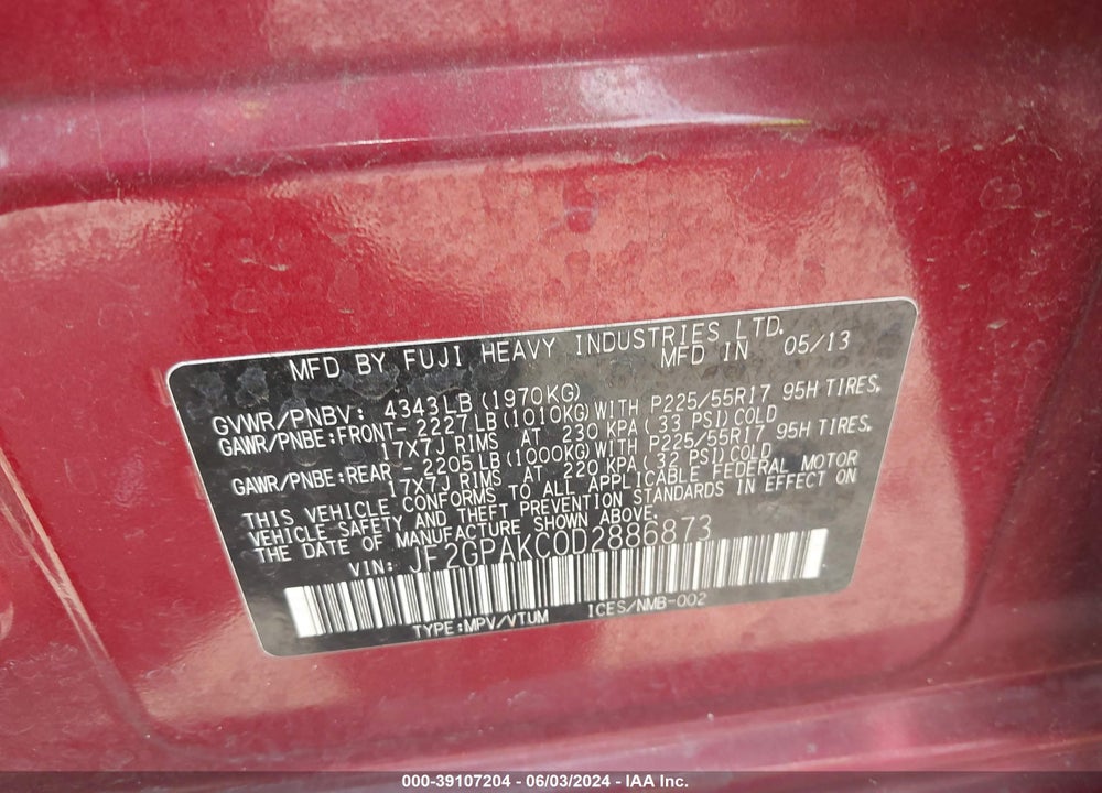 2013 SUBARU XV CROSSTREK 2.0I LIMITED VIN: JF2GPAKC0D2886873