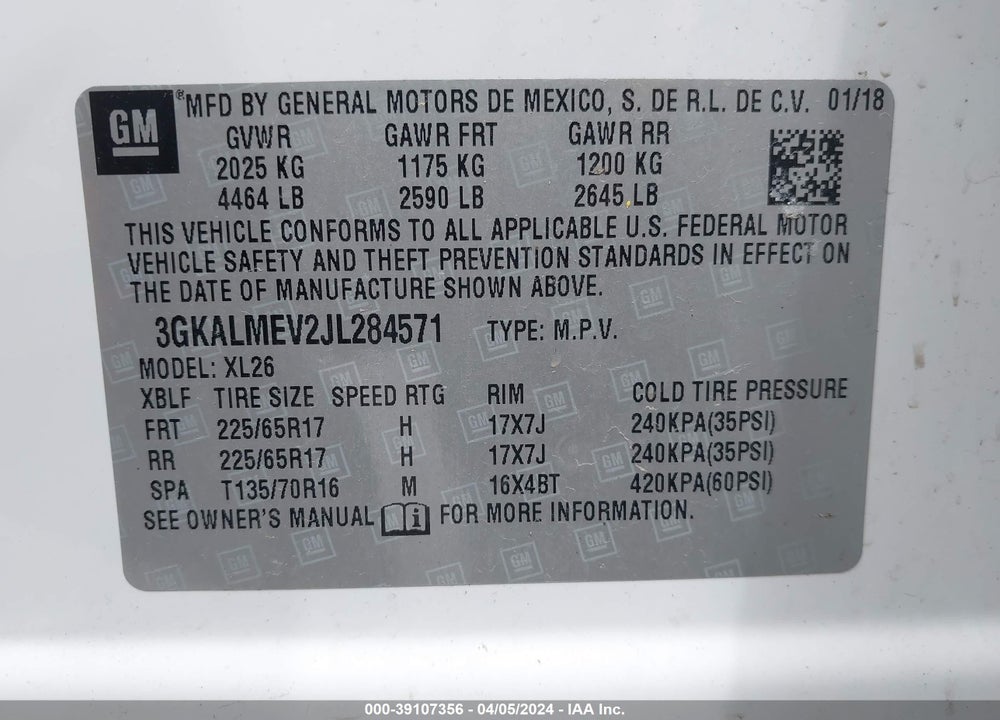 2018 GMC TERRAIN SLE VIN: 3GKALMEV2JL284571