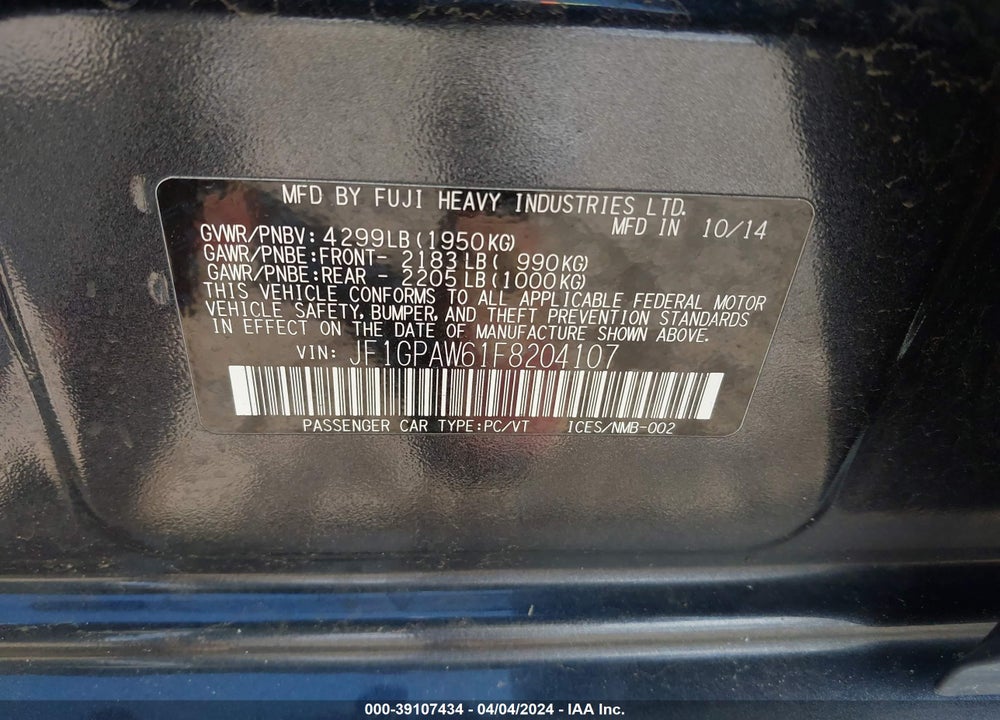 2015 SUBARU IMPREZA 2.0I SPORT LIMITED VIN: JF1GPAW61F8204107