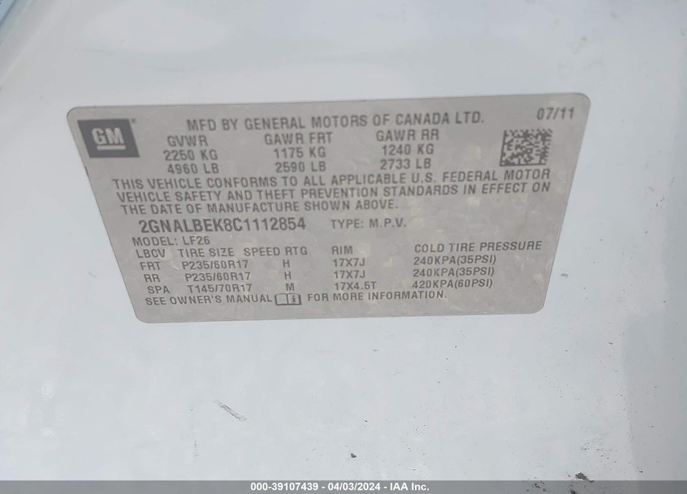 2012 CHEVROLET EQUINOX LS VIN: 2GNALBEK8C1112854