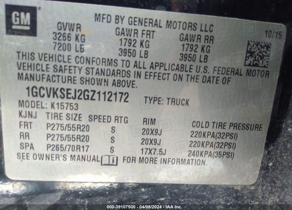 2016 CHEVROLET SILVERADO 1500 2LZ VIN: 1GCVKSEJ2GZ112172