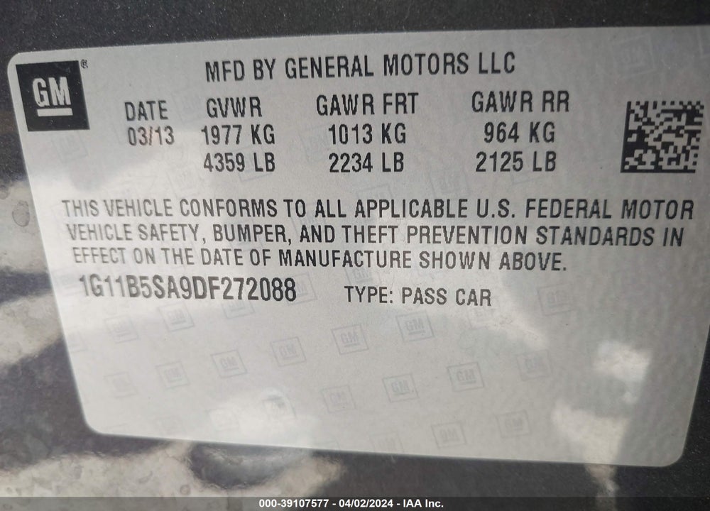 2013 CHEVROLET MALIBU 1LS VIN: 1G11B5SA9DF272088