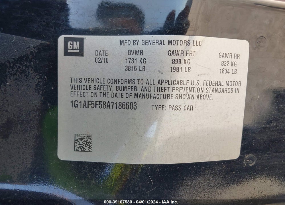 2010 CHEVROLET COBALT LT VIN: 1G1AF5F58A7186603