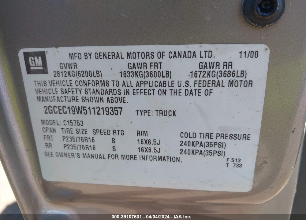 2001 CHEVROLET SILVERADO 1500 VIN: 2GCEC19W511219357