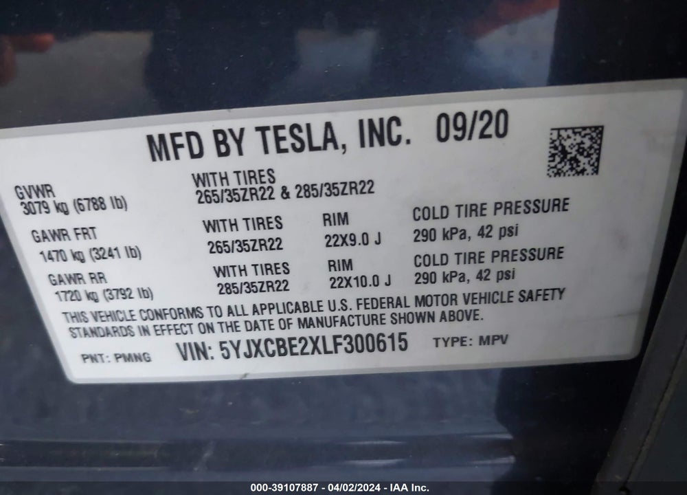 2020 TESLA MODEL X LONG RANGE DUAL MOTOR ALL-WHEEL DRIVE/LONG RANGE PLUS DUAL MOTOR ALL-WHEEL DRIVE VIN: 5YJXCBE2XLF300615