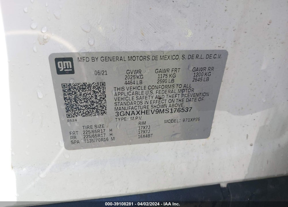 2021 CHEVROLET EQUINOX FWD LS VIN: 3GNAXHEV9MS176537