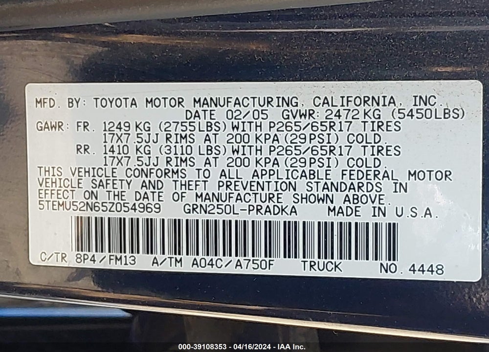 2005 TOYOTA TACOMA BASE V6 VIN: 5TEMU52N65Z054969