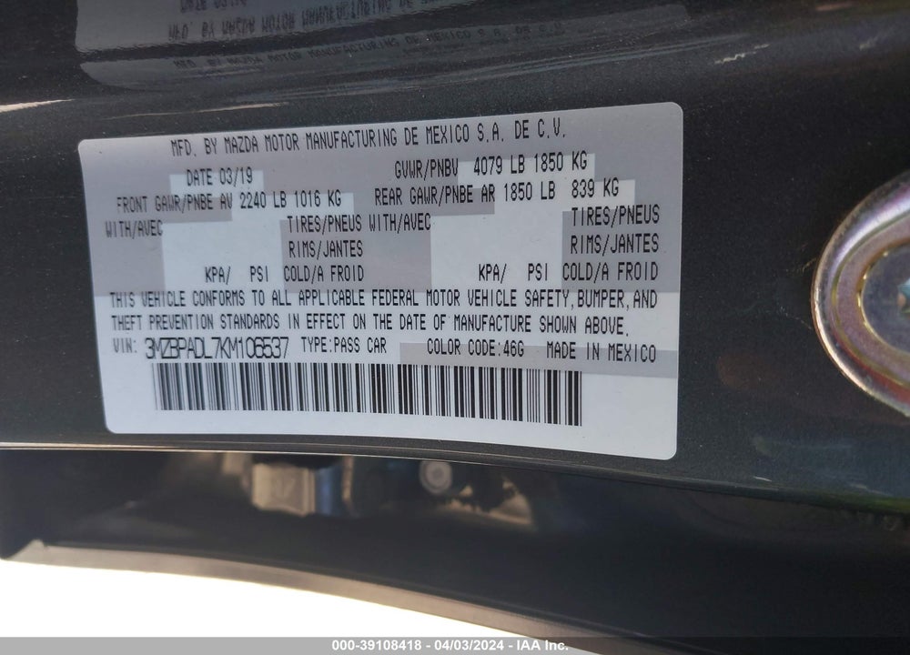 2019 MAZDA 3 PREFERRED PACKAGE VIN: 3MZBPADL7KM106537
