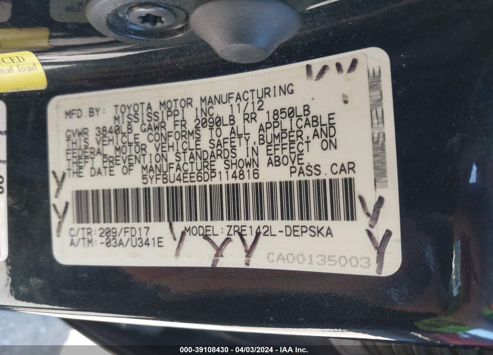 2013 TOYOTA COROLLA S VIN: 5YFBU4EE6DP114816