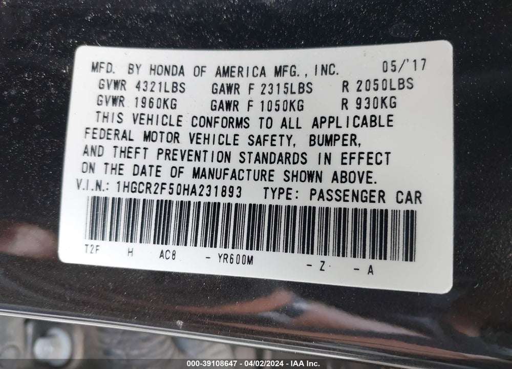 2017 HONDA ACCORD SPORT VIN: 1HGCR2F50HA231893