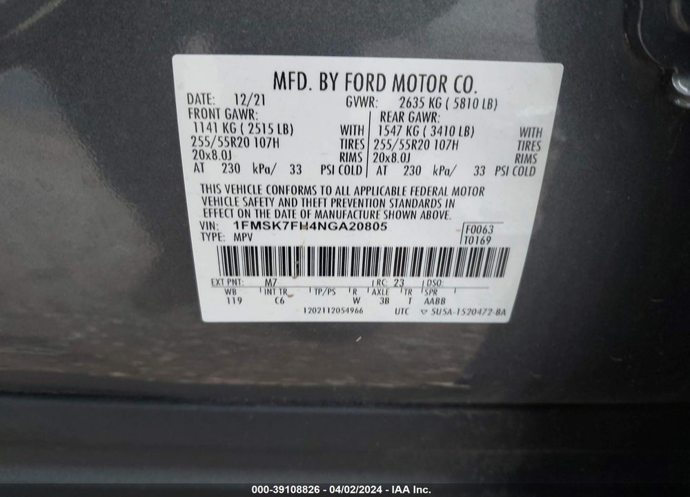 2022 FORD EXPLORER LIMITED VIN: 1FMSK7FH4NGA20805