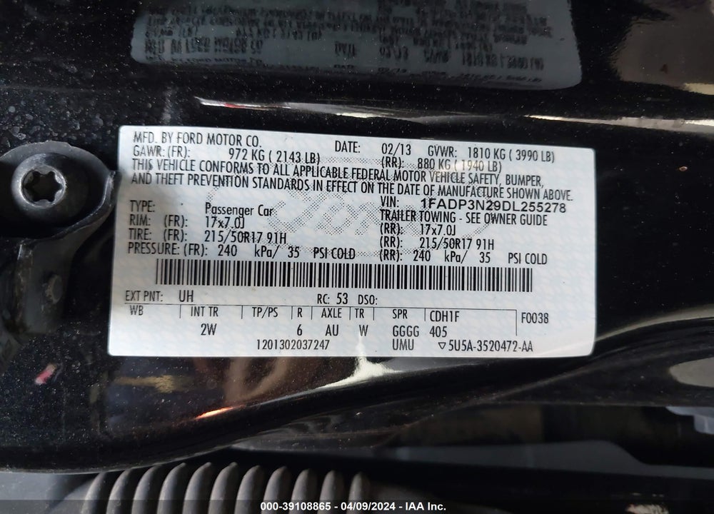 2013 FORD FOCUS TITANIUM VIN: 1FADP3N29DL255278