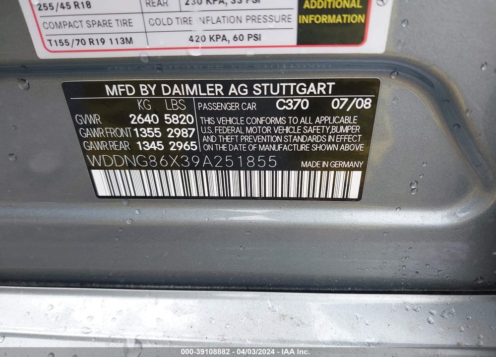2009 MERCEDES-BENZ S 550 4MATIC VIN: WDDNG86X39A251855
