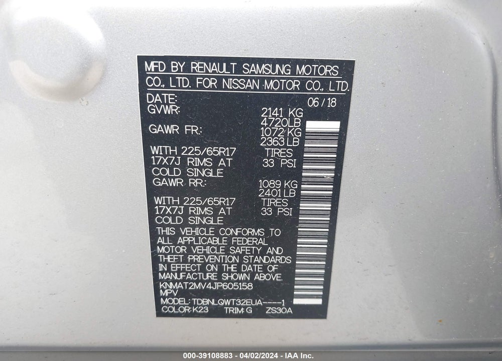 2018 NISSAN ROGUE SV VIN: KNMAT2MV4JP605158