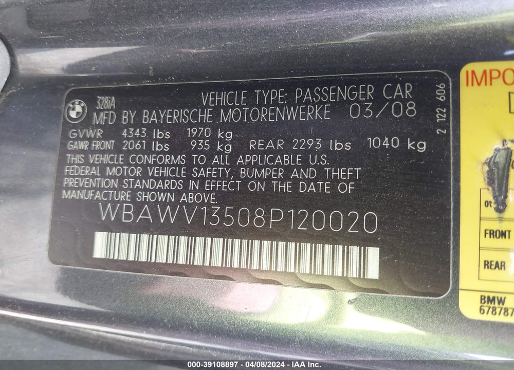 2008 BMW 328I VIN: WBAWV13508P120020