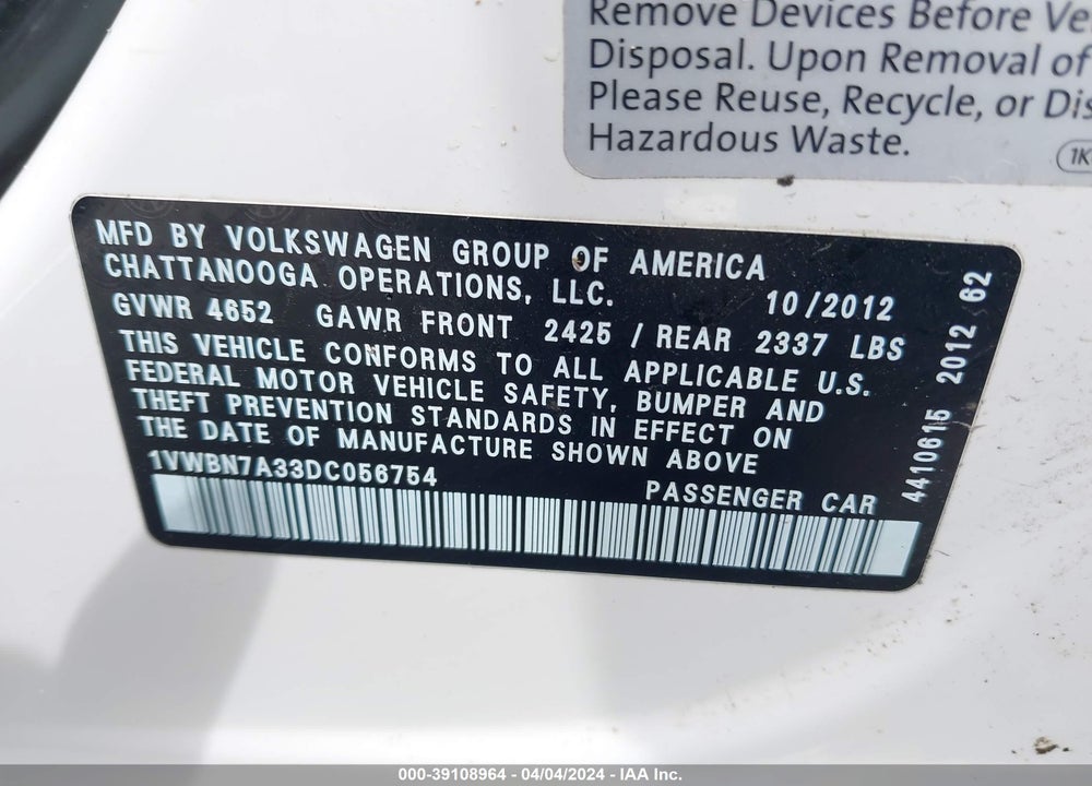 2013 VOLKSWAGEN PASSAT 2.0L TDI SE VIN: 1VWBN7A33DC056754