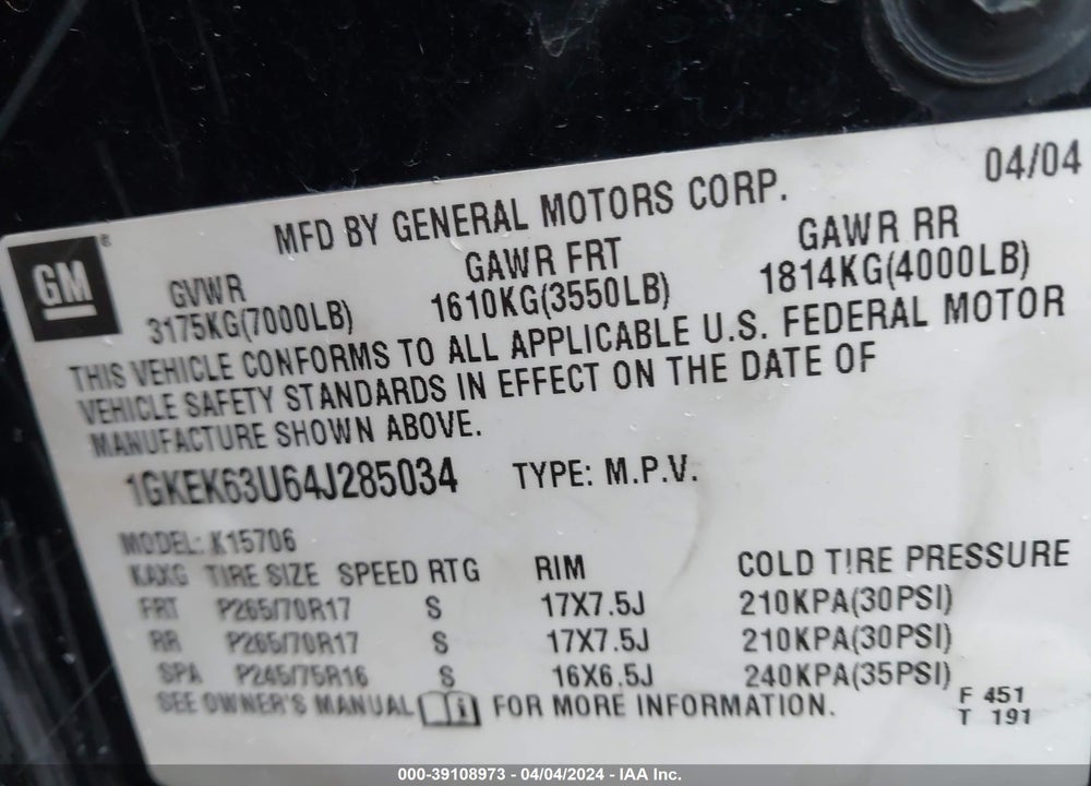 2004 GMC YUKON DENALI VIN: 1GKEK63U64J285034