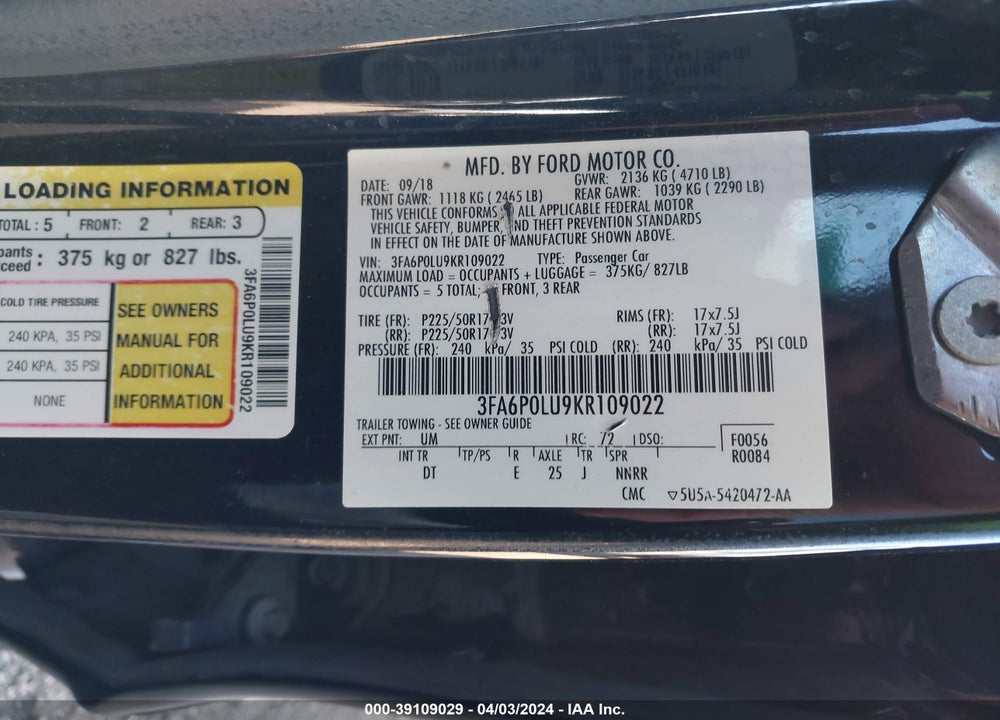 2019 FORD FUSION HYBRID SE VIN: 3FA6P0LU9KR109022