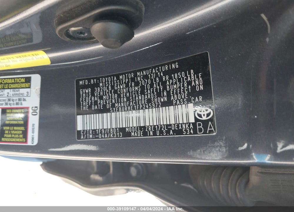 2015 TOYOTA COROLLA LE VIN: 5YFBURHE1FP245972
