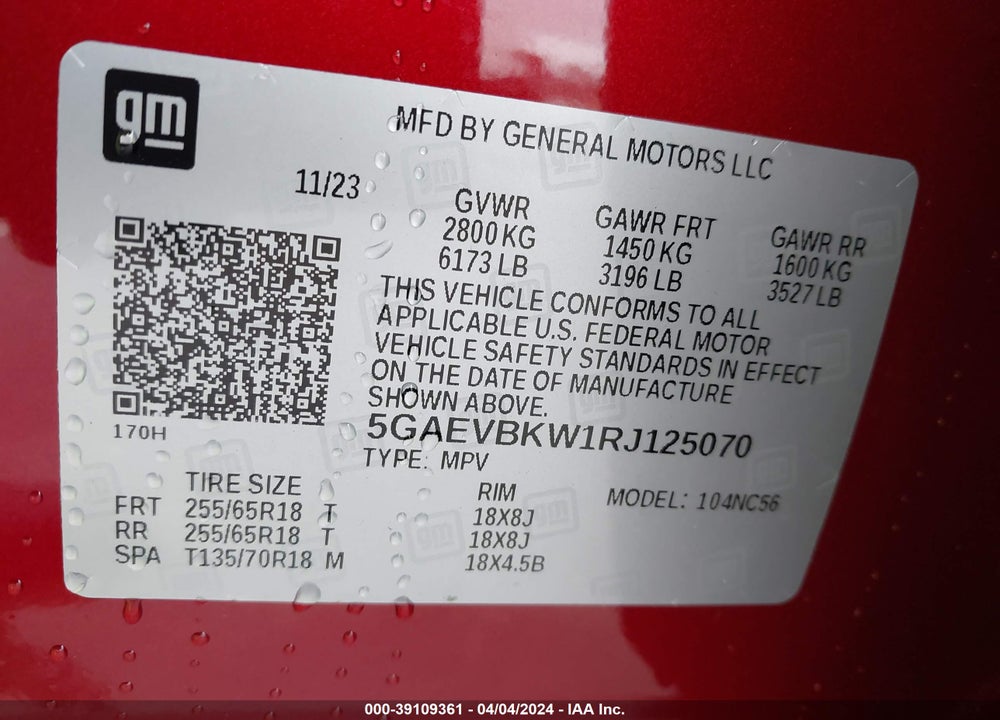 2024 BUICK ENCLAVE PREMIUM AWD VIN: 5GAEVBKW1RJ125070