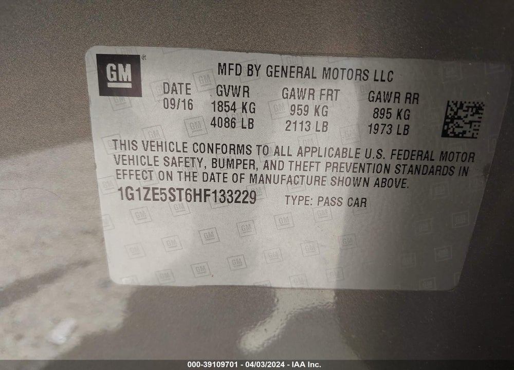 2017 CHEVROLET MALIBU 1LT VIN: 1G1ZE5ST6HF133229