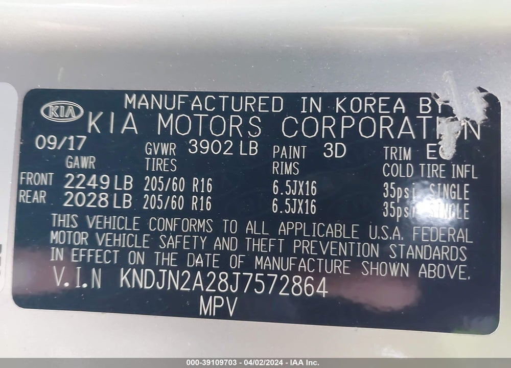 2018 KIA SOUL VIN: KNDJN2A28J7572864