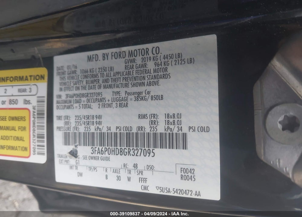 2016 FORD FUSION SE VIN: 3FA6P0HD8GR327095