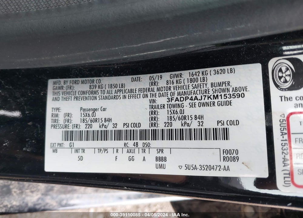 2019 FORD FIESTA S VIN: 3FADP4AJ7KM153590