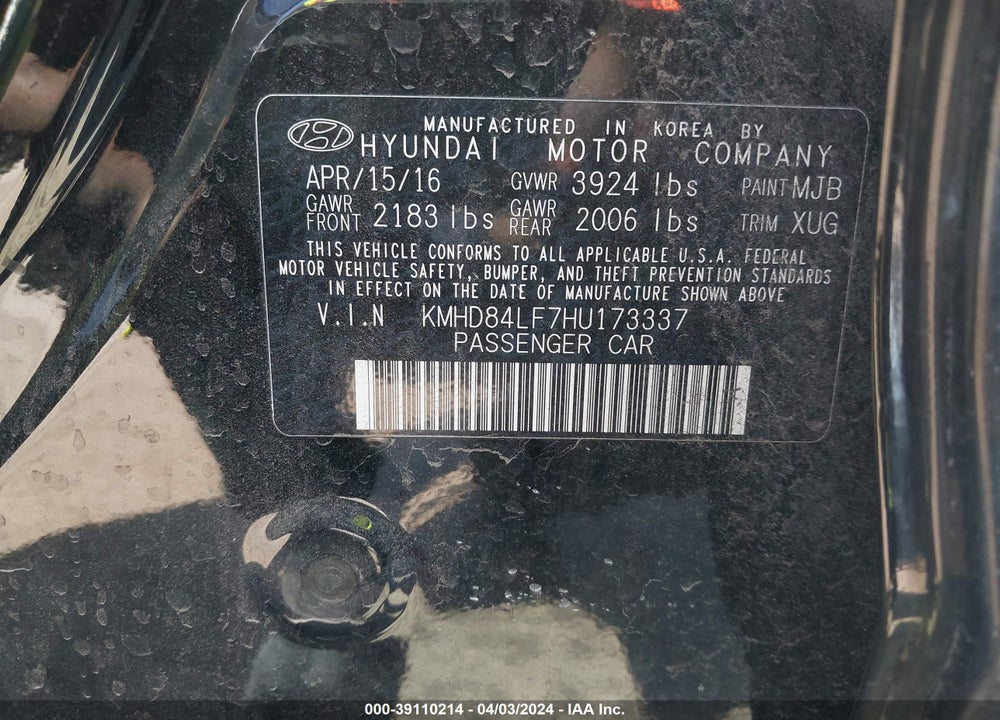 2017 HYUNDAI ELANTRA SE VIN: KMHD84LF7HU173337