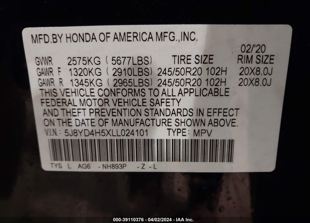 2020 ACURA MDX TECHNOLOGY PACKAGE VIN: 5J8YD4H5XLL024101