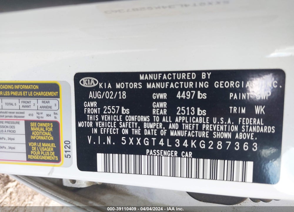 2019 KIA OPTIMA LX VIN: 5XXGT4L34KG287363