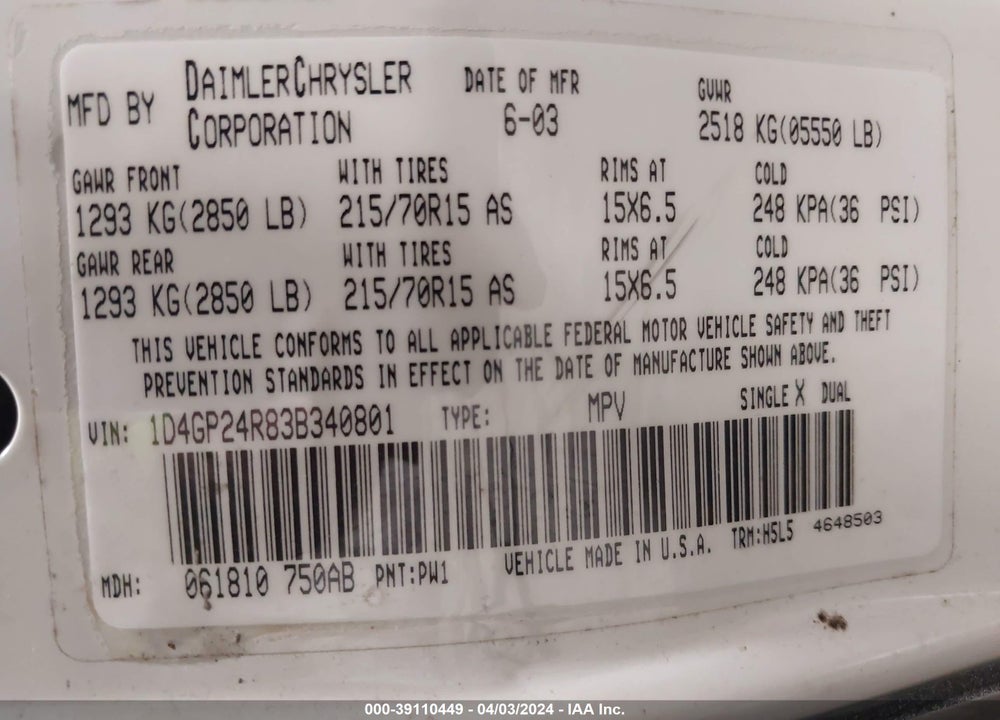 2003 DODGE GRAND CARAVAN SE VIN: 1D4GP24R83B340801