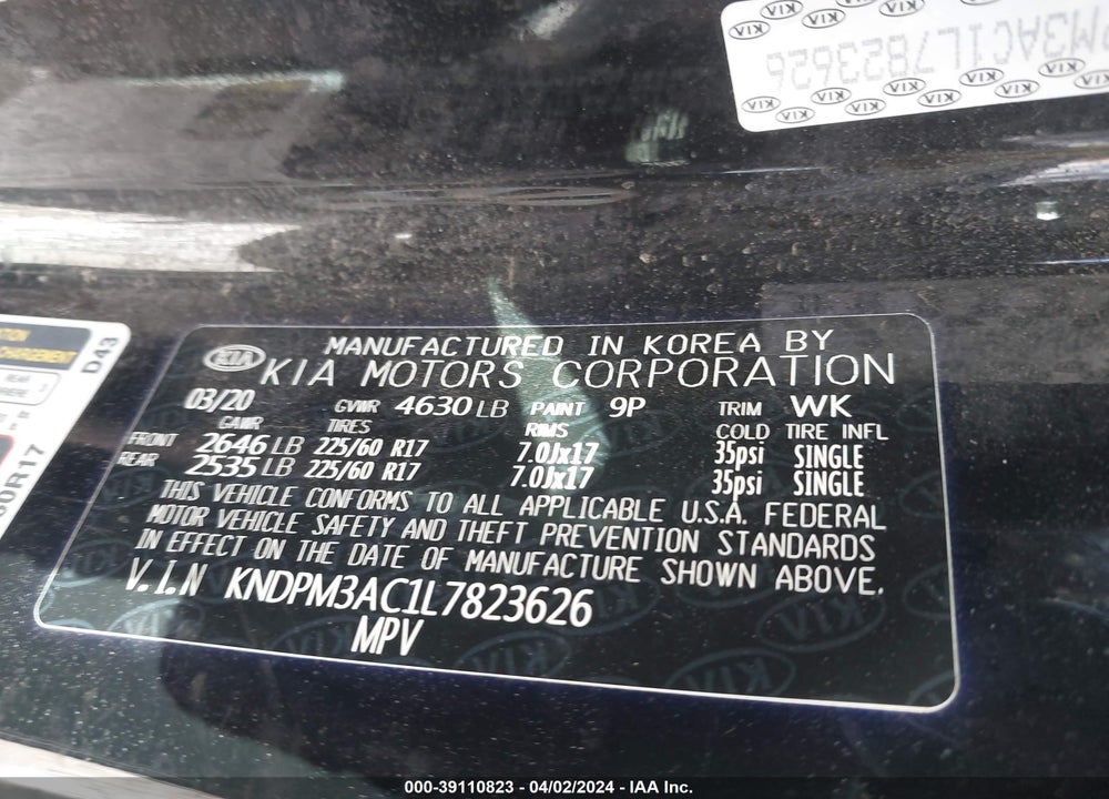 2020 KIA SPORTAGE LX VIN: KNDPM3AC1L7823626