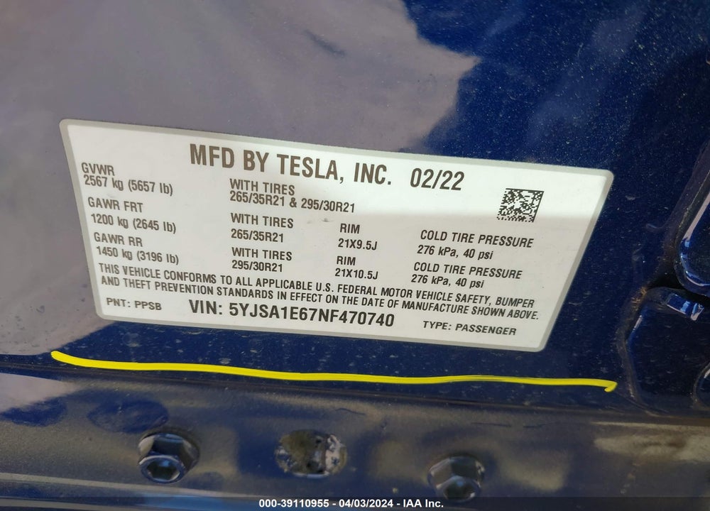 2022 TESLA MODEL S PLAID TRI MOTOR ALL-WHEEL DRIVE VIN: 5YJSA1E67NF470740