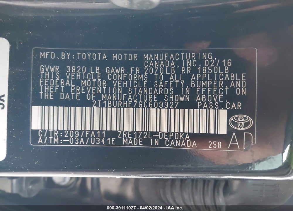 2016 TOYOTA COROLLA L VIN: 2T1BURHE7GC609927
