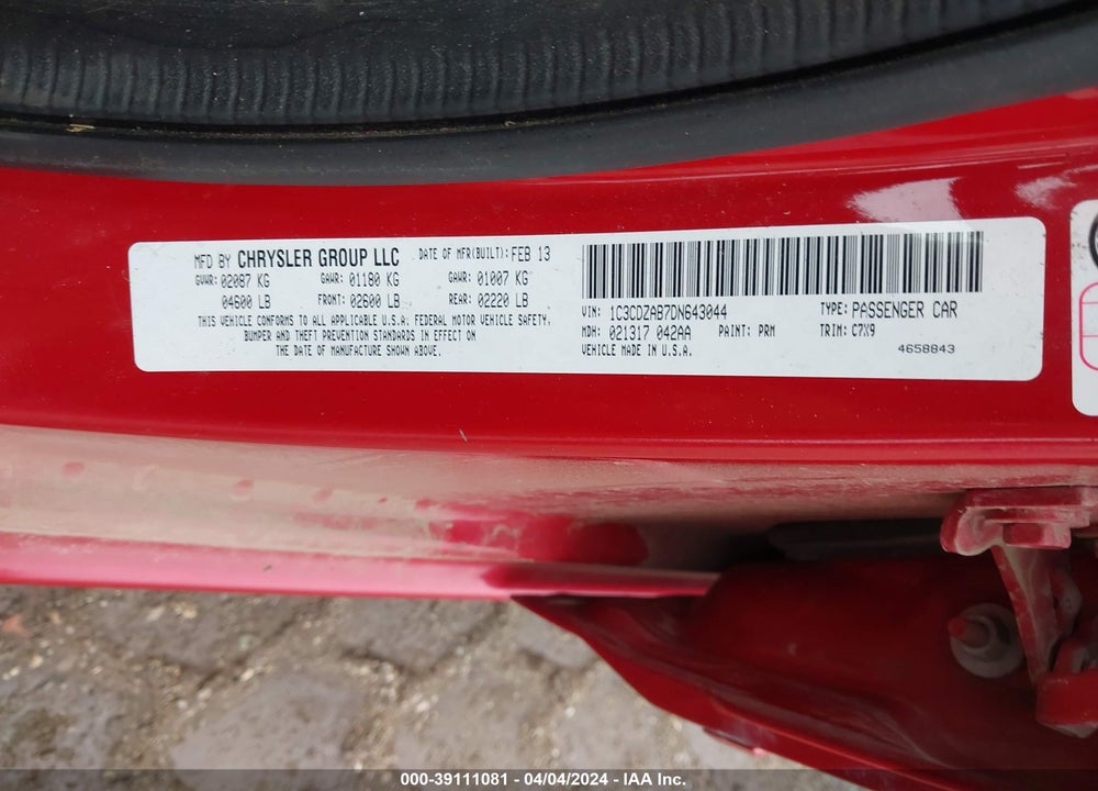 2013 DODGE AVENGER VIN: 1C3CDZAB7DN643044