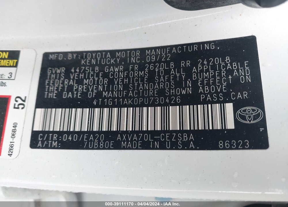 2023 TOYOTA CAMRY SE VIN: 4T1G11AK0PU730426