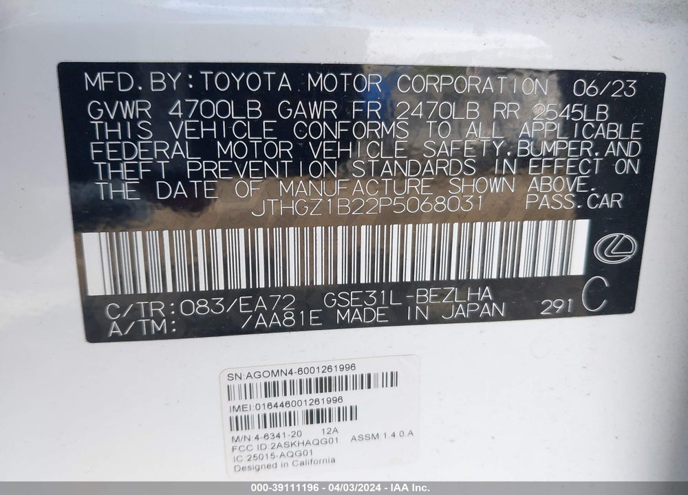 2023 LEXUS IS IS 350 F SPORT VIN: JTHGZ1B22P5068031