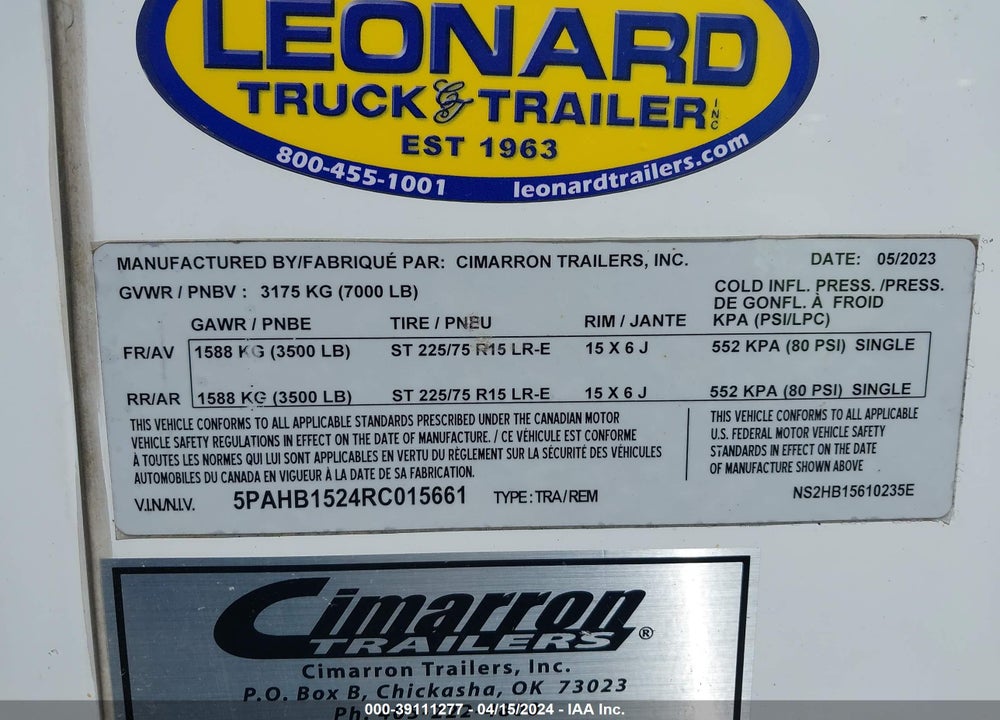 2024 CIMARRON OTHER VIN: 5PAHB1524RC015661