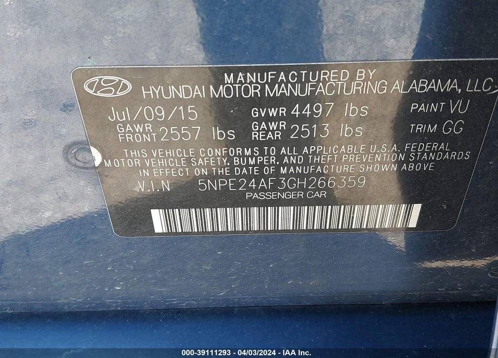 2016 HYUNDAI SONATA SE VIN: 5NPE24AF3GH266359