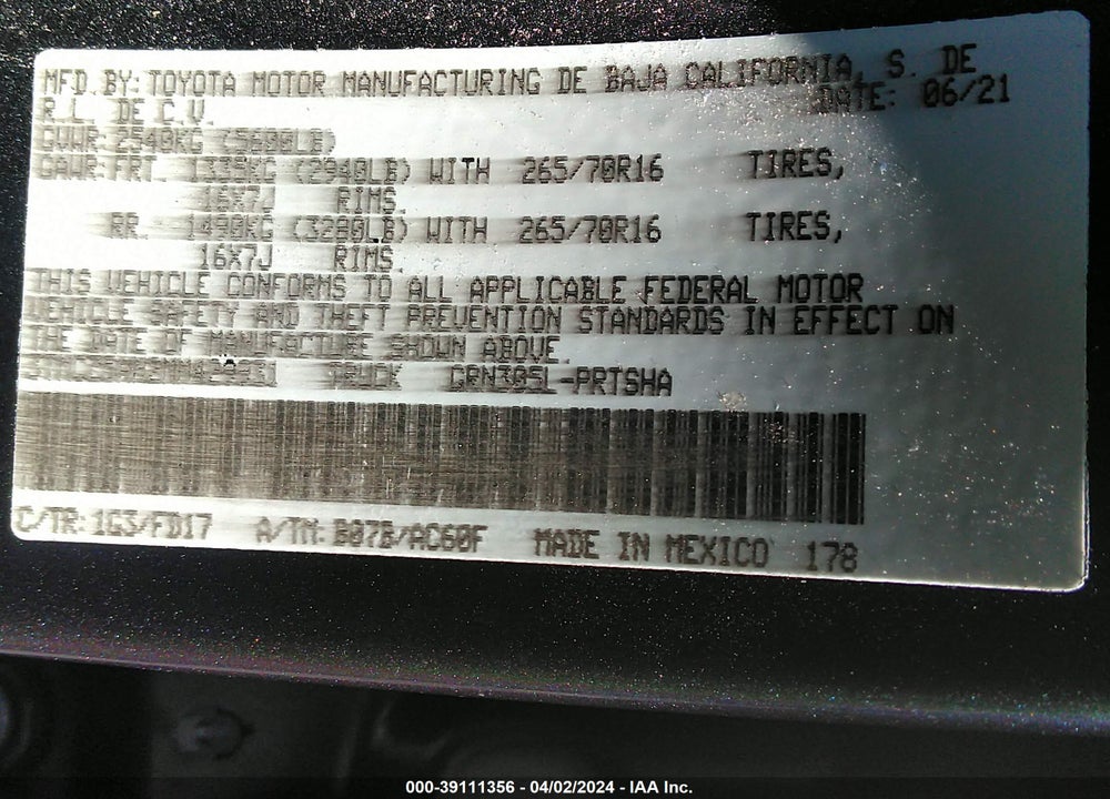 2021 TOYOTA TACOMA TRD OFF ROAD VIN: 3TMCZ5AN2MM429931
