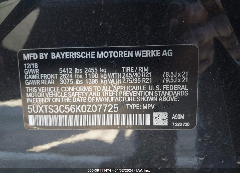 2019 BMW X3 M40I VIN: 5UXTS3C56K0Z07725