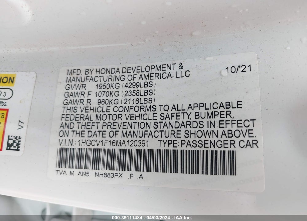 2021 HONDA ACCORD VIN: 1HGCV1F16MA120391