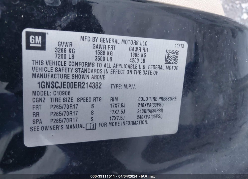 2014 CHEVROLET SUBURBAN 1500 LT VIN: 1GNSCJE00ER214382