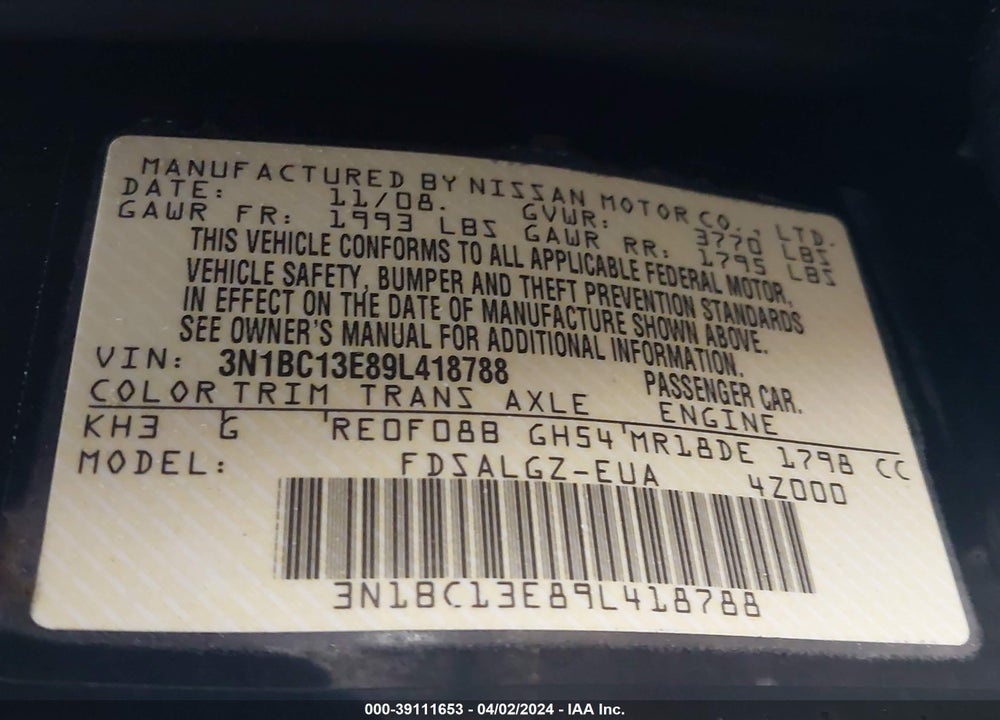2009 NISSAN VERSA 1.8SL VIN: 3N1BC13E89L418788