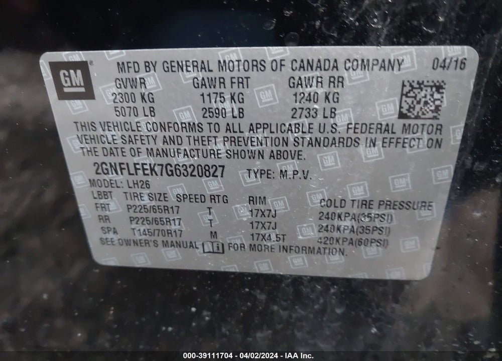 2016 CHEVROLET EQUINOX LT VIN: 2GNFLFEK7G6320827